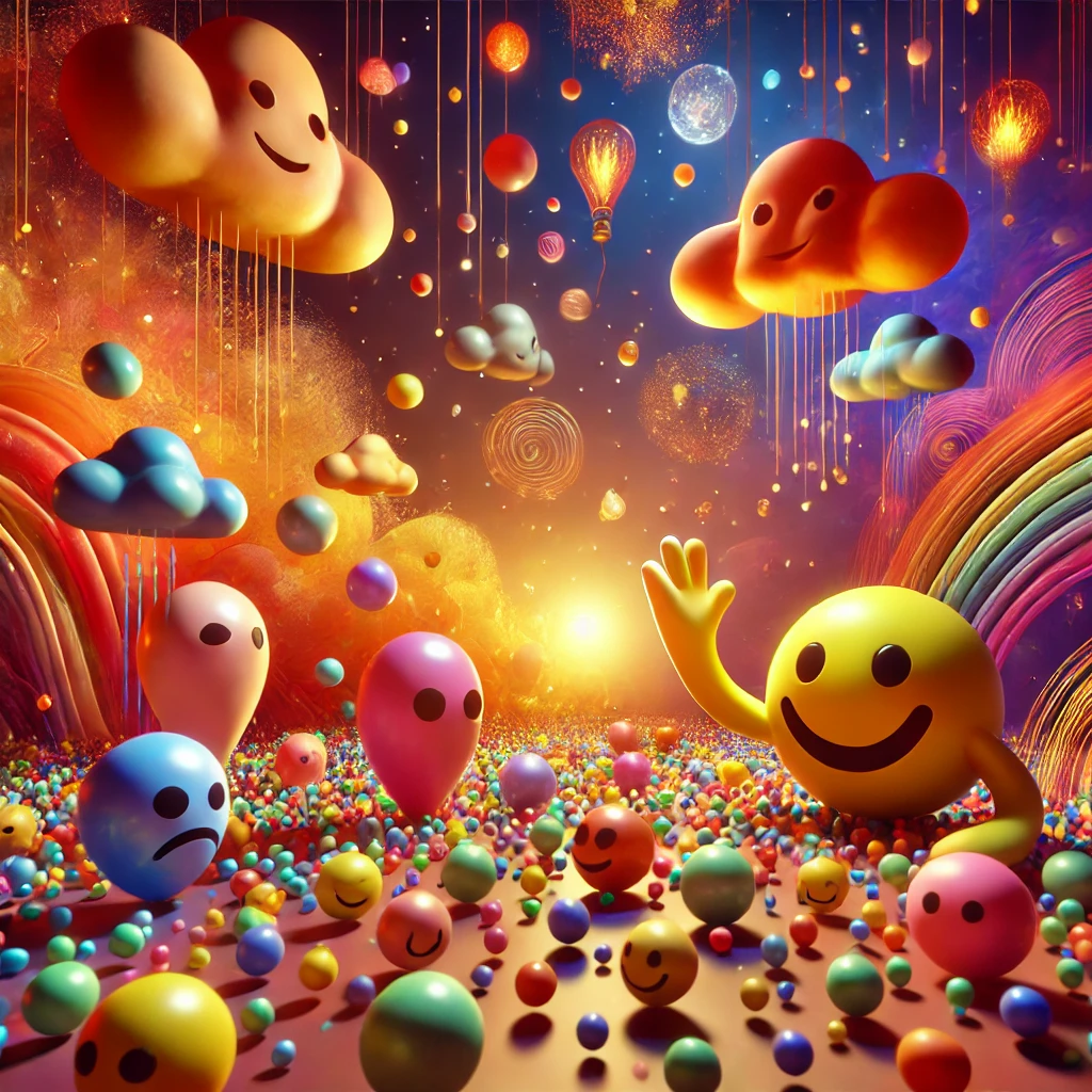 A vibrant and imaginative scene inspired by emotions inside a person's mind: A glowing, colorful landscape filled with floating orbs representing memories. New emotions, symbolized by abstract friendly characters in bright and unique colors, interact playfully in a surreal, dreamlike environment. The atmosphere is warm, nostalgic, and visually enchanting, evoking personal growth and self-discovery.