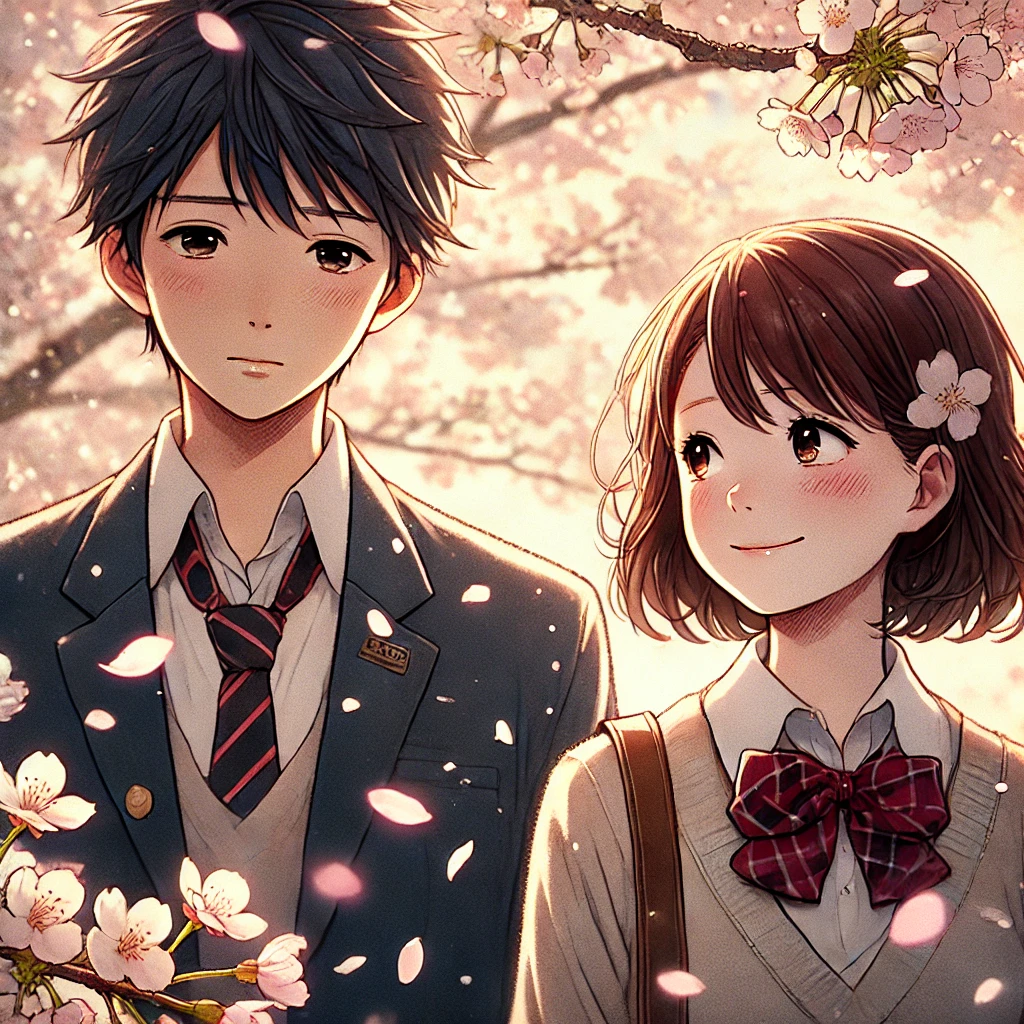 A heartfelt and emotional anime-style scene inspired by a touching friendship: A high school boy and girl stand under cherry blossom trees, petals gently falling around them. The girl smiles warmly, while the boy looks contemplative. The atmosphere is nostalgic and bittersweet, evoking themes of youth, fleeting moments, and deep emotional connections.