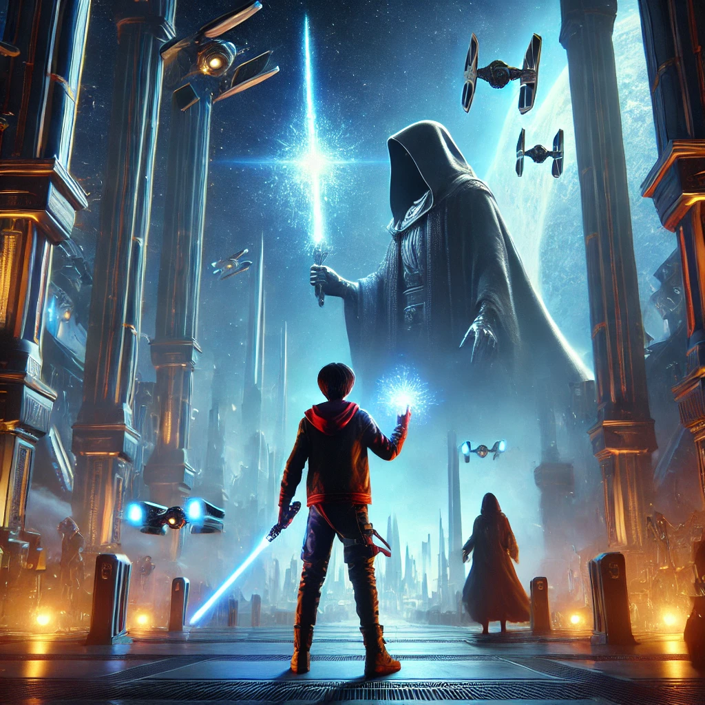 A sci-fi battle scene inspired by an intergalactic space adventure: A young warrior with a glowing energy sword stands in a grand futuristic temple, facing a mysterious masked opponent. The background features towering sci-fi architecture, with spaceships flying in the distant sky. The atmosphere is epic and cinematic, capturing the essence of space fantasy and heroism.