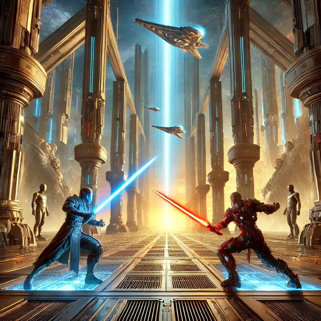 A futuristic scene inspired by an intergalactic war: Two warriors with glowing energy swords engage in a duel inside a massive sci-fi temple, surrounded by towering pillars and futuristic architecture. The background features a distant battle with spaceships soaring through the sky, and an intense atmosphere of conflict and heroism.