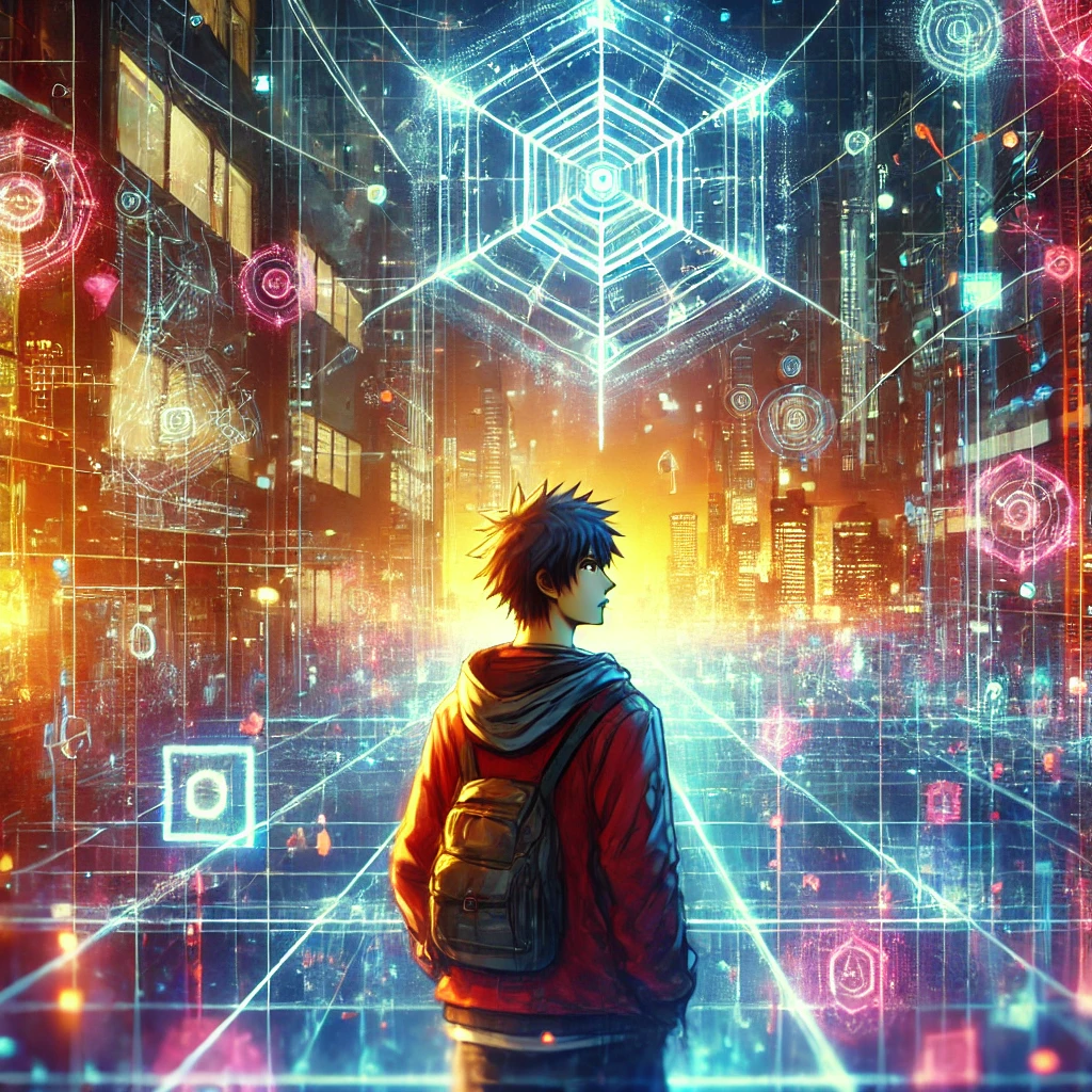 A vibrant and futuristic cyber world inspired by a virtual reality network: A young hero stands in a glowing digital city, surrounded by floating holographic symbols and interconnected neon pathways. The atmosphere is dynamic and energetic, blending traditional Japanese elements with advanced technology, evoking a sense of excitement and adventure.