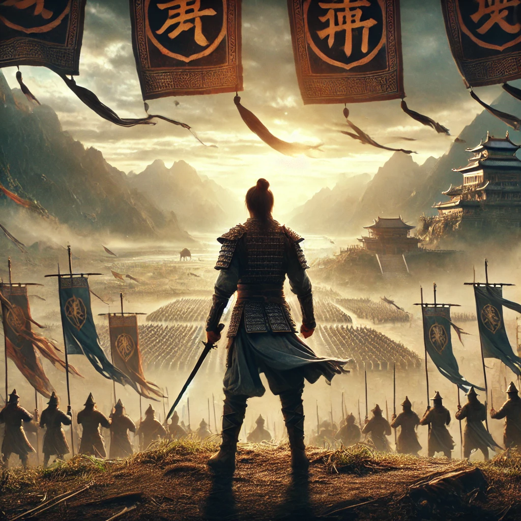 A dramatic and action-packed scene inspired by an ancient battlefield: A young warrior in traditional armor stands on a hilltop, holding a sword, overlooking a vast battlefield with banners waving in the wind. The background features towering mountains and a grand ancient city in the distance. The atmosphere is intense and cinematic, capturing the spirit of historical warfare and heroism.