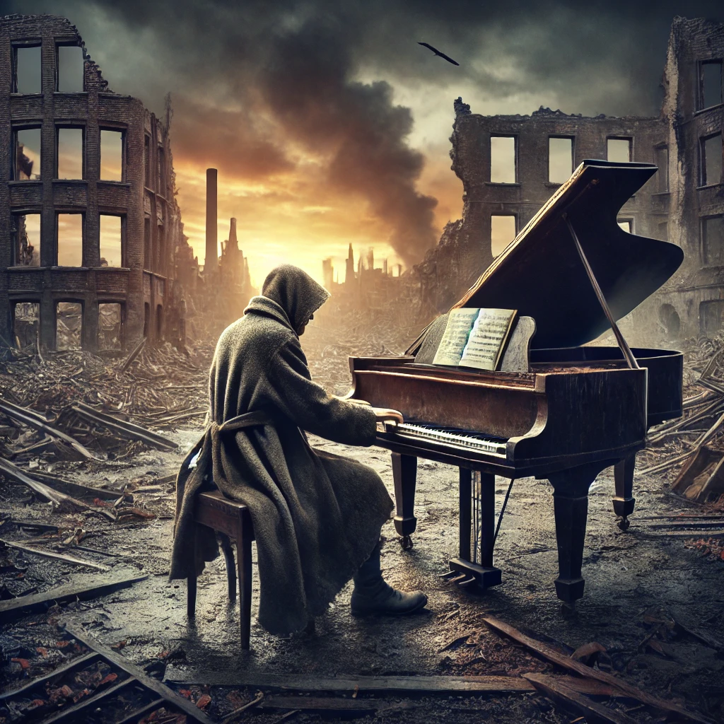 A dramatic and emotional scene inspired by wartime survival and music: A lone pianist in a tattered coat plays an old grand piano in the ruins of a bombed city. The background features crumbling buildings, smoke rising in the distance, and a melancholic sunset casting a golden glow over the destruction. The atmosphere is somber yet deeply moving, symbolizing resilience, hope, and the power of music in times of war.