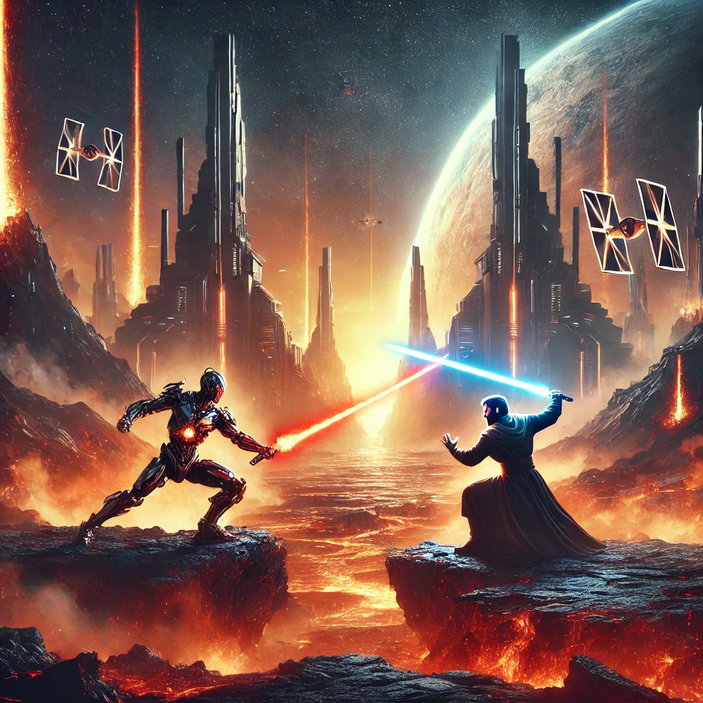 A dramatic sci-fi battle scene inspired by an intergalactic conflict: Two warriors wielding glowing energy swords clash atop a volcanic planet, with molten lava erupting around them. The background features towering futuristic structures partially consumed by fire and smoke, symbolizing the fall of an empire. The atmosphere is intense, cinematic, and filled with tension, capturing the essence of a legendary duel.