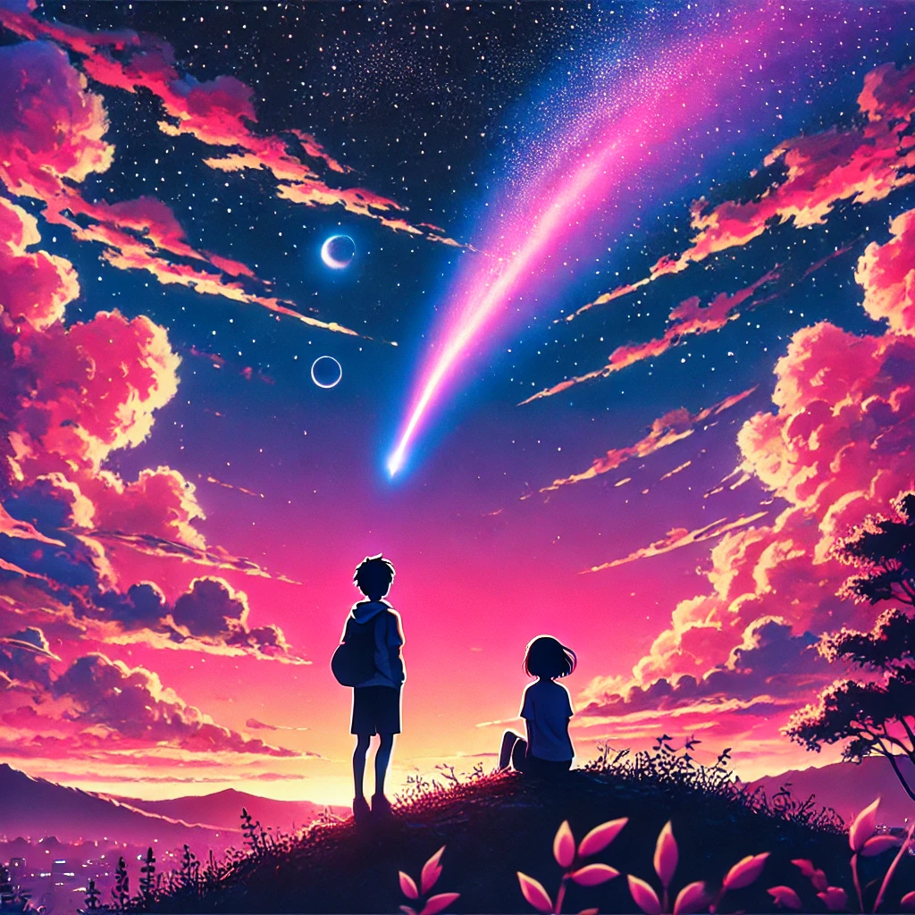 A beautiful anime-style scene inspired by 'Your Name': A breathtaking twilight sky filled with vivid pink, purple, and orange hues. Two silhouetted figures, a boy and a girl, stand on a hilltop gazing at a comet streaking across the sky. The scenery is peaceful, romantic, and nostalgic, evoking a sense of connection and destiny.