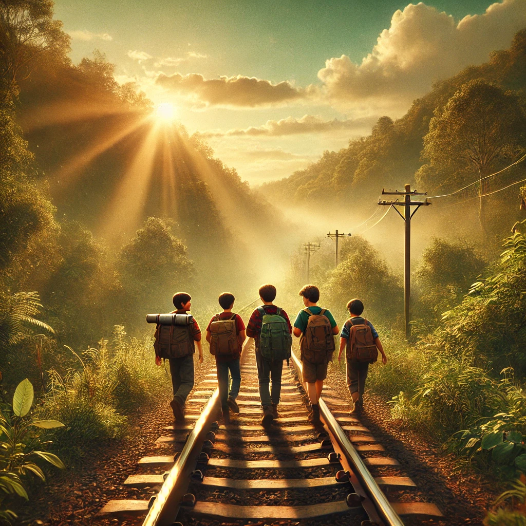 A nostalgic and heartfelt scene inspired by a coming-of-age adventure: Four young boys walk along a railroad track surrounded by lush green forests, carrying backpacks and chatting as the sun sets in the background. The atmosphere is warm, nostalgic, and full of youthful wonder, evoking themes of friendship, adventure, and self-discovery.