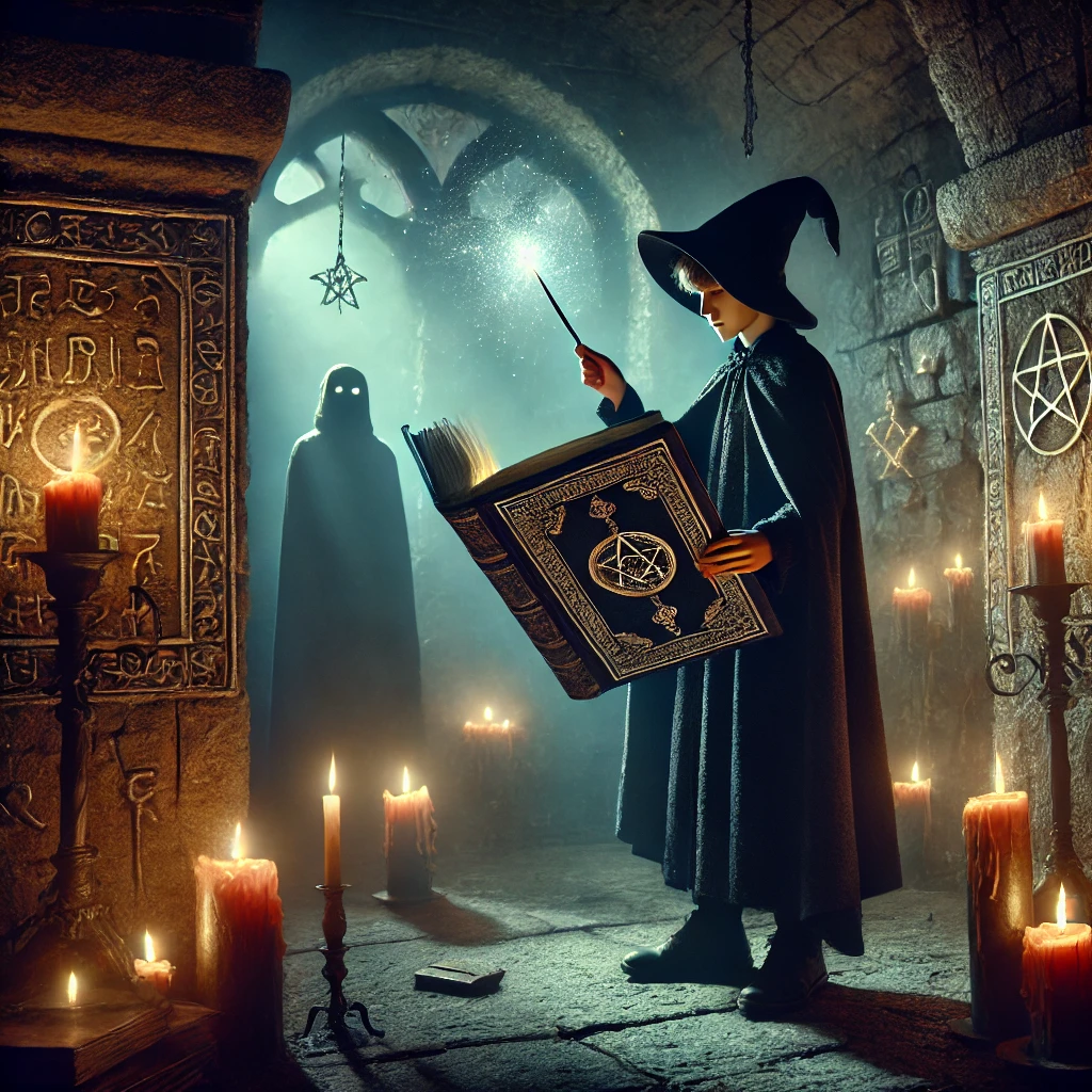 A dark and mysterious magical scene: A young wizard in a cloak stands in a dimly lit, ancient stone chamber, holding a glowing wand while examining an old, enchanted book. The background features eerie floating candles, mystical symbols carved into the walls, and a shadowy figure watching from afar. The atmosphere is mysterious, suspenseful, and filled with magical intrigue.