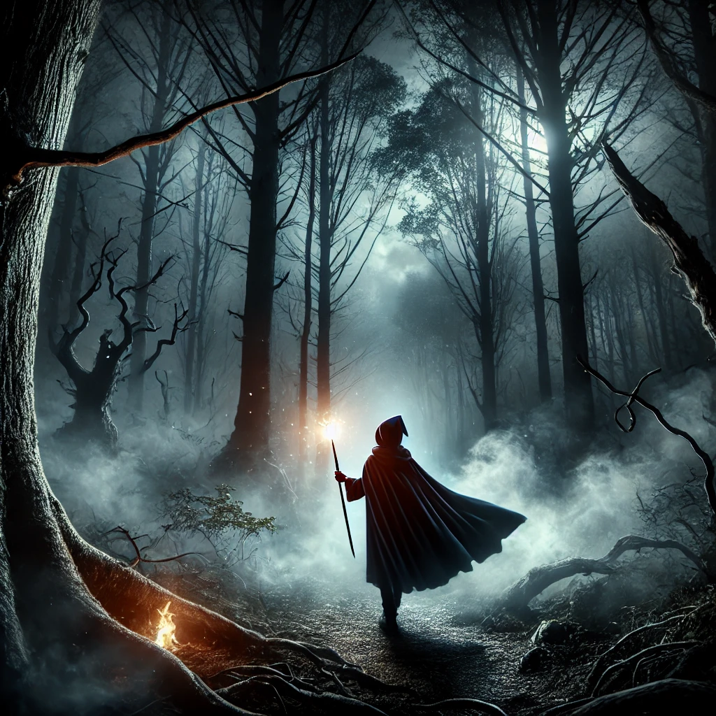 A dark and intense magical journey scene: A young wizard in a cloak walks through a foggy, dense forest at night, holding a glowing wand for light. The background features towering trees, eerie shadows, and an ominous atmosphere, symbolizing danger and mystery. The scene captures the essence of a perilous quest, filled with suspense and magic.