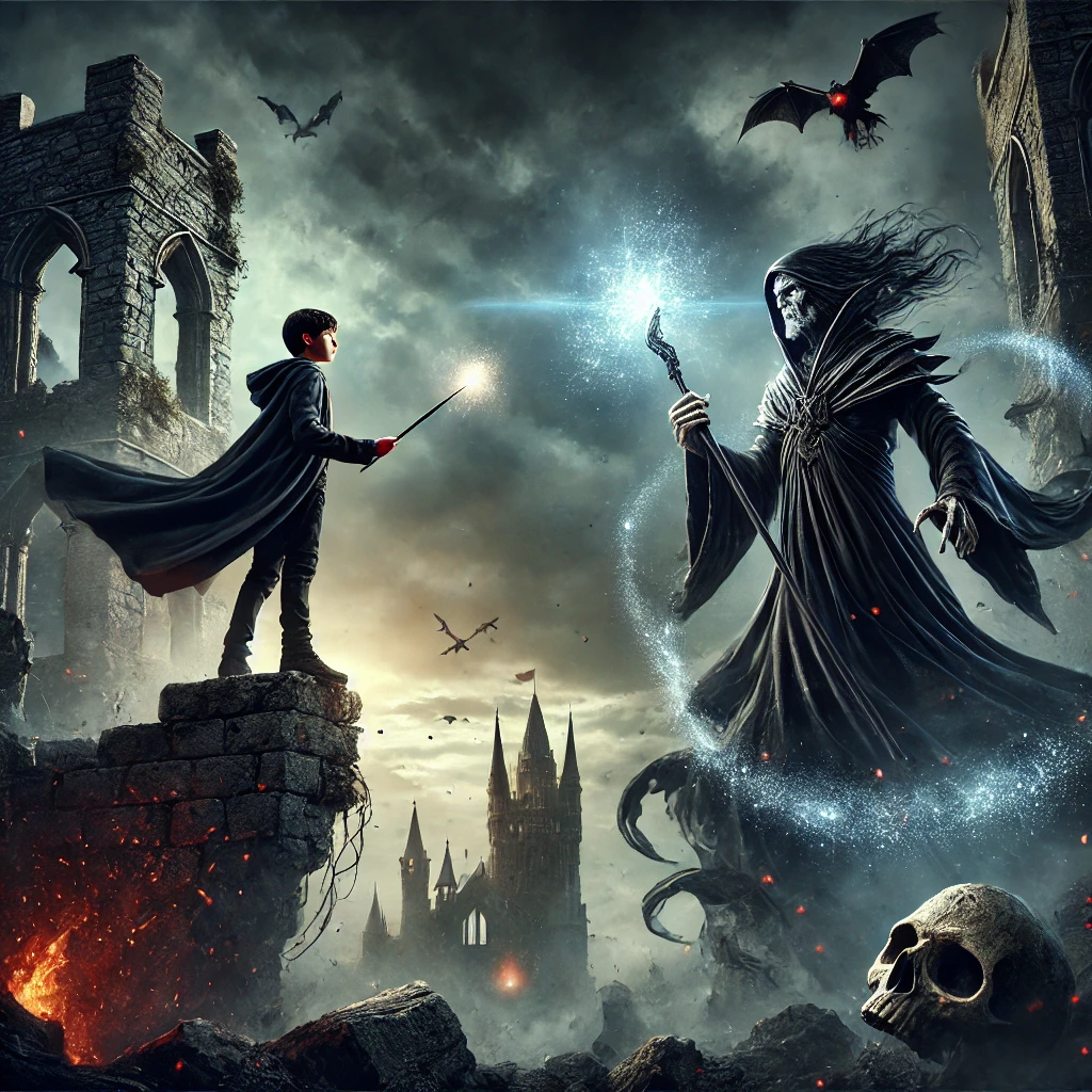 An epic magical battle scene: A young wizard in a dark cloak stands atop a crumbling castle tower, wielding a glowing wand against a powerful dark sorcerer with pale skin, piercing eyes, and a flowing black robe. The background features a stormy sky, flashes of magical energy, and an ancient castle in ruins. The atmosphere is intense, cinematic, and filled with the tension of the final confrontation in a legendary war.