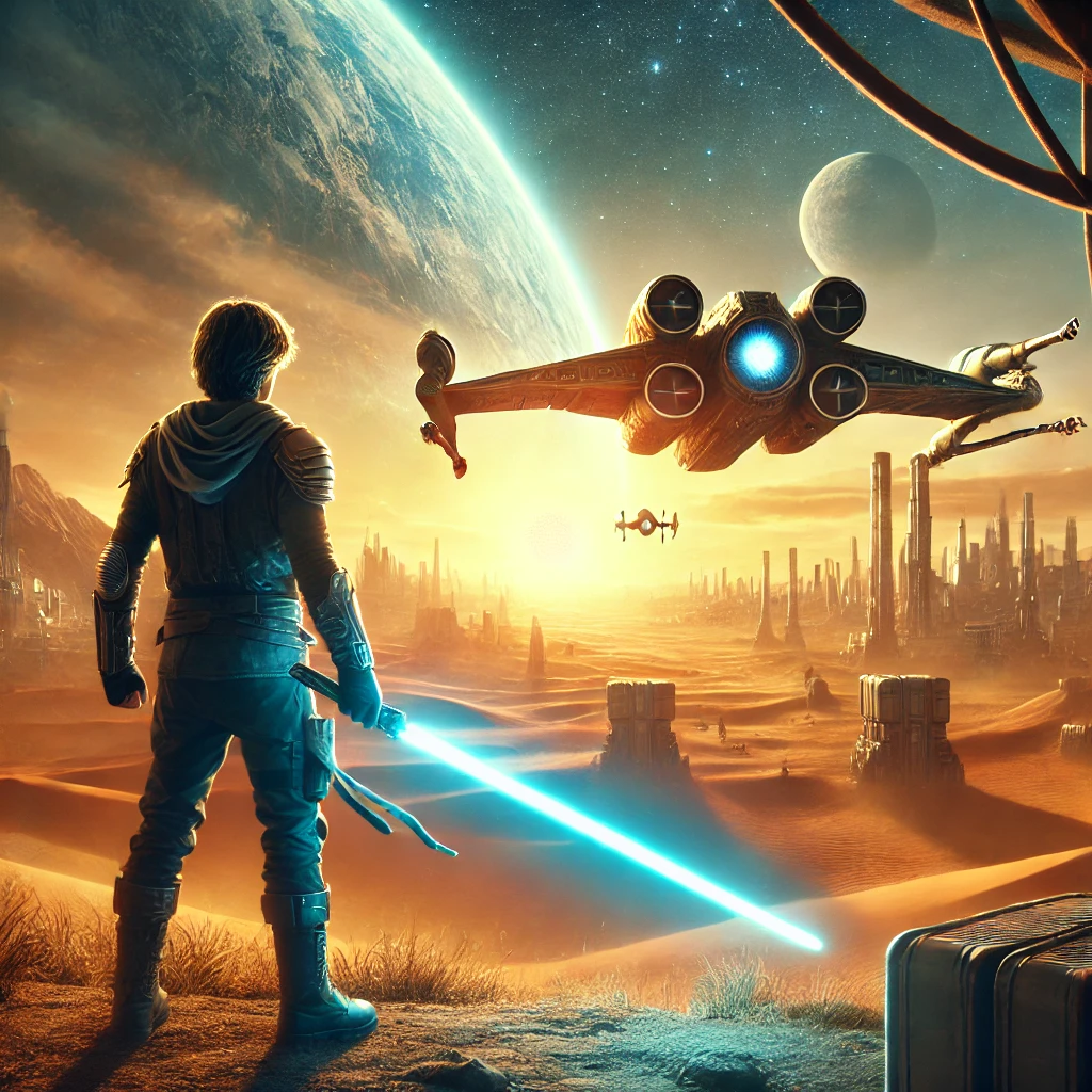 A heroic sci-fi adventure scene: A young space warrior in a desert landscape, holding a glowing blue energy sword, looks toward a massive battle station in the sky. The twin suns set on the horizon, casting an orange glow over the futuristic city in the distance. The atmosphere is epic, cinematic, and filled with the spirit of intergalactic destiny.