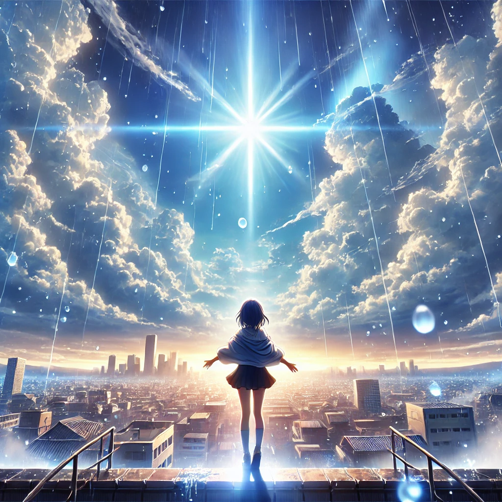 An anime-style scene inspired by 'Weathering With You': A young girl standing on a rooftop with her arms outstretched, surrounded by a radiant blue sky and floating raindrops. The city skyline below is bathed in sunlight breaking through the clouds, creating a magical and uplifting atmosphere. The scene captures a sense of hope, weather manipulation, and breathtaking beauty.