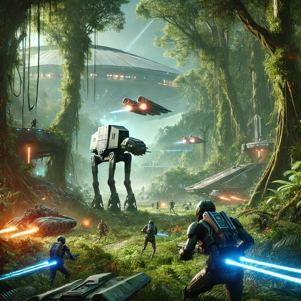 An epic sci-fi battle scene in a lush forest: Futuristic soldiers and armored walkers engage in combat among towering trees, while a distant shield generator base looms in the background. Speeders race through the dense foliage, and laser fire illuminates the jungle battlefield. The atmosphere is intense, cinematic, and filled with the tension of an intergalactic war.