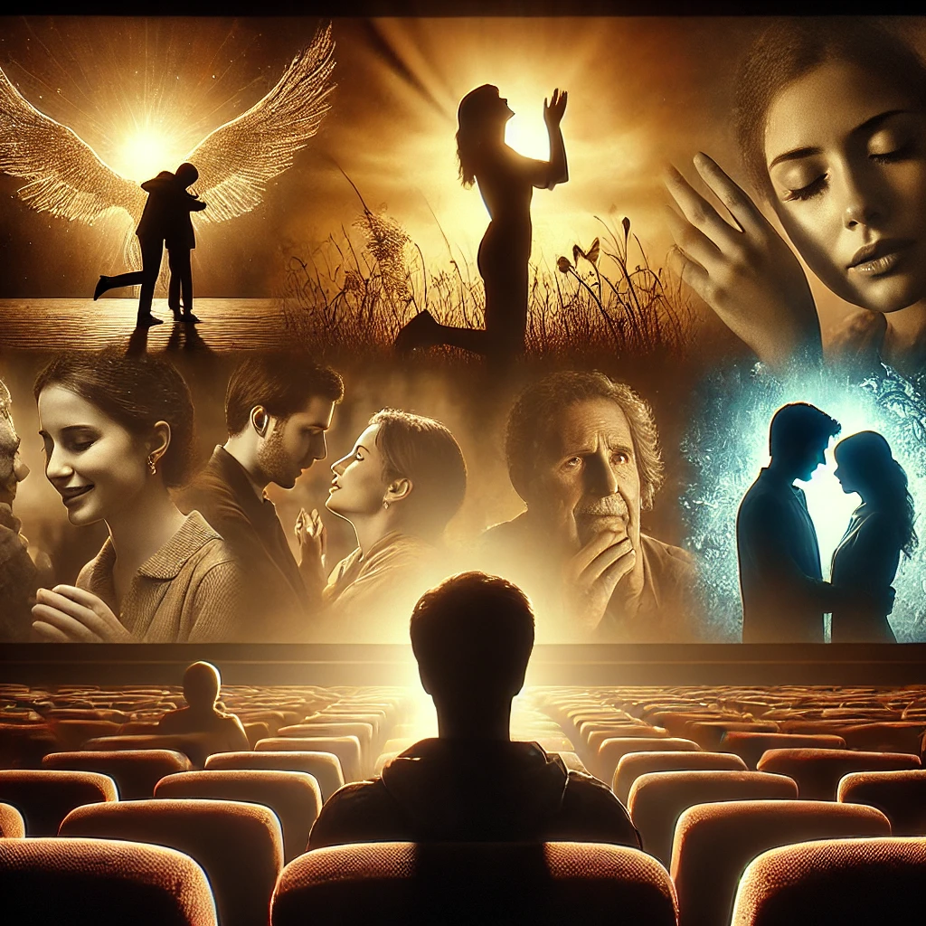 A heartfelt and emotional movie-themed collage: A cinematic scene featuring a silhouette of a person watching a film in a dark theater, with a large screen displaying dramatic moments such as a farewell, a heartfelt reunion, and a tearful embrace. The background is filled with a warm, nostalgic glow, evoking deep emotions and the beauty of storytelling. The atmosphere is touching, inspiring, and cinematic.