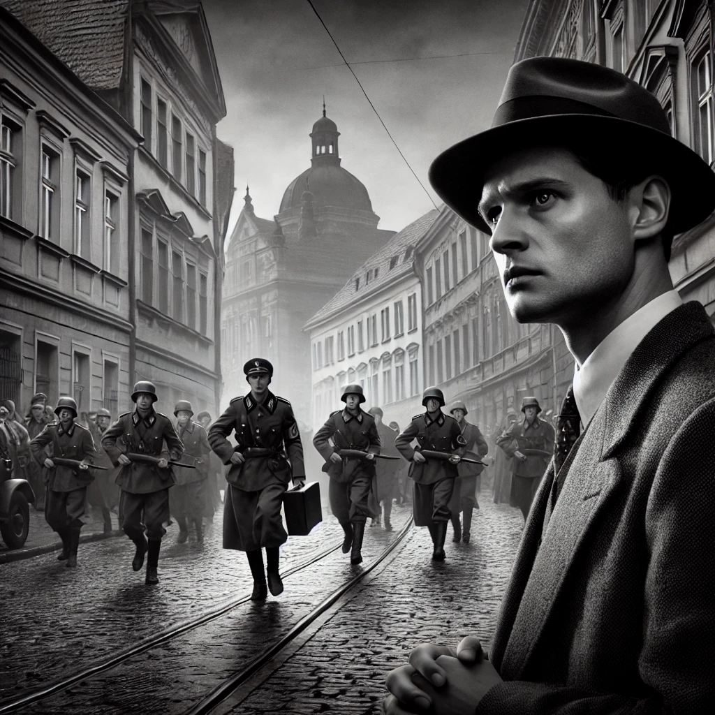 A dramatic and historical scene inspired by 'Schindler's List'. A serious and emotional black-and-white image depicting a 1940s European city street, where a well-dressed businessman looks on as soldiers escort a group of people. The atmosphere is somber, capturing the tension and gravity of the moment. The background features old European buildings with war-era details, evoking the historical significance of the story.