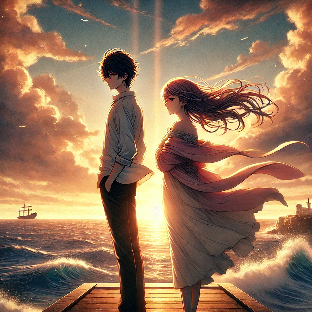 A beautiful and emotional anime-style scene inspired by 'Crying Out Love, In the Center of the World'. A young couple stands on a seaside cliff, looking at the vast ocean with a melancholic yet hopeful expression. The wind gently moves their hair, and the sky is painted with a dramatic sunset, evoking deep emotions of love and loss. The atmosphere is romantic and nostalgic.