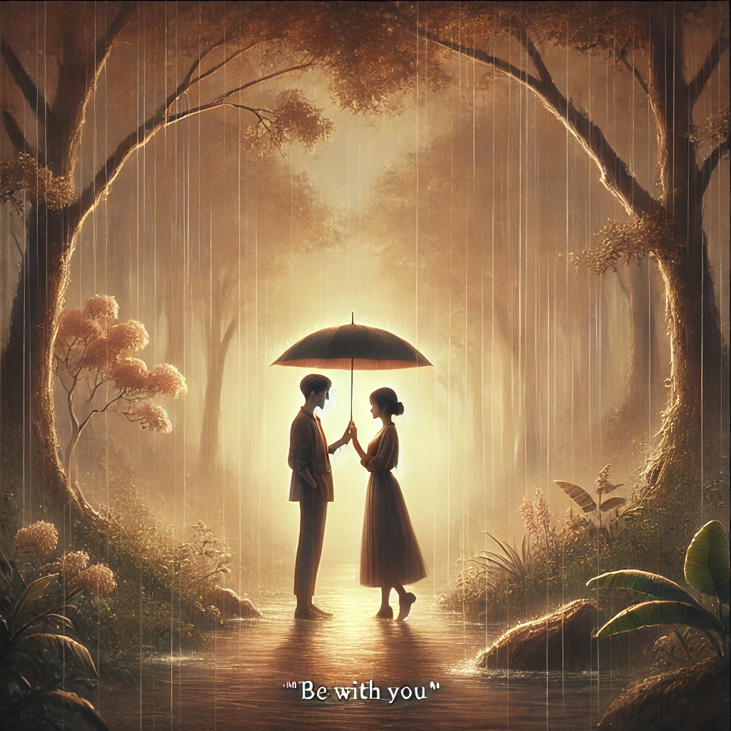 A beautiful and emotional scene inspired by 'Be With You'. A couple stands together under an umbrella in the rain, looking at each other with deep love and nostalgia. The background features a misty forest with soft rain falling, creating a warm and dreamy atmosphere. The mood is touching, romantic, and filled with longing and affection.