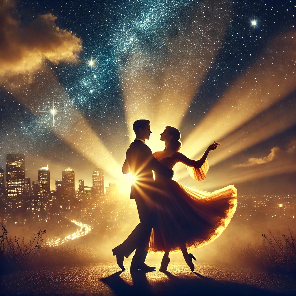 A cinematic and romantic scene inspired by 'La La Land'. A couple in elegant attire dancing under a starry night sky with a glowing cityscape in the background. The scene captures a dreamlike, nostalgic, and magical atmosphere, with warm golden and deep blue tones. The lighting is soft and dramatic, emphasizing the emotion of the moment. The image should evoke themes of love, dreams, and the pursuit of passion.