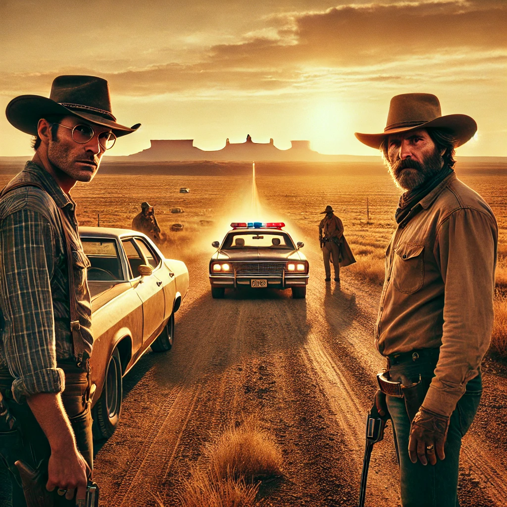 A cinematic and dramatic scene inspired by 'Hell or High Water'. A vast Texas desert landscape with a dusty road stretching into the horizon. In the foreground, two rugged brothers in cowboy hats and worn-out clothes stand next to an old getaway car, looking tense. A distant sheriff's car approaches from afar, kicking up dust. The lighting is warm and golden, evoking a sense of desperation and impending confrontation. The overall aesthetic should feel gritty, realistic, and atmospheric, capturing the film’s themes of justice, survival, and moral ambiguity.