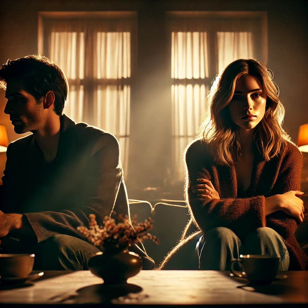 A dramatic and emotional cinematic scene inspired by 'Marriage Story'. A separated couple sitting across from each other in a dimly lit room, both looking sorrowful yet reflective. The background is softly blurred, emphasizing the tension and intimacy between them. The lighting is warm but melancholic, capturing the depth of their emotions. The overall atmosphere should evoke feelings of love, heartbreak, and the bittersweet nature of relationships.