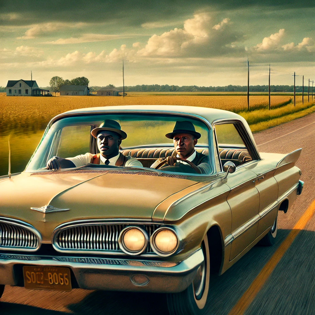 A cinematic and emotional scene inspired by 'Green Book'. A classic 1960s car driving down a rural southern road, with two men inside—one African American, well-dressed, and sophisticated, and the other a white, rugged-looking driver. The atmosphere captures the essence of a road trip, with a warm and nostalgic color palette. The background features open fields and small southern town elements, evoking a historical yet heartwarming tone.