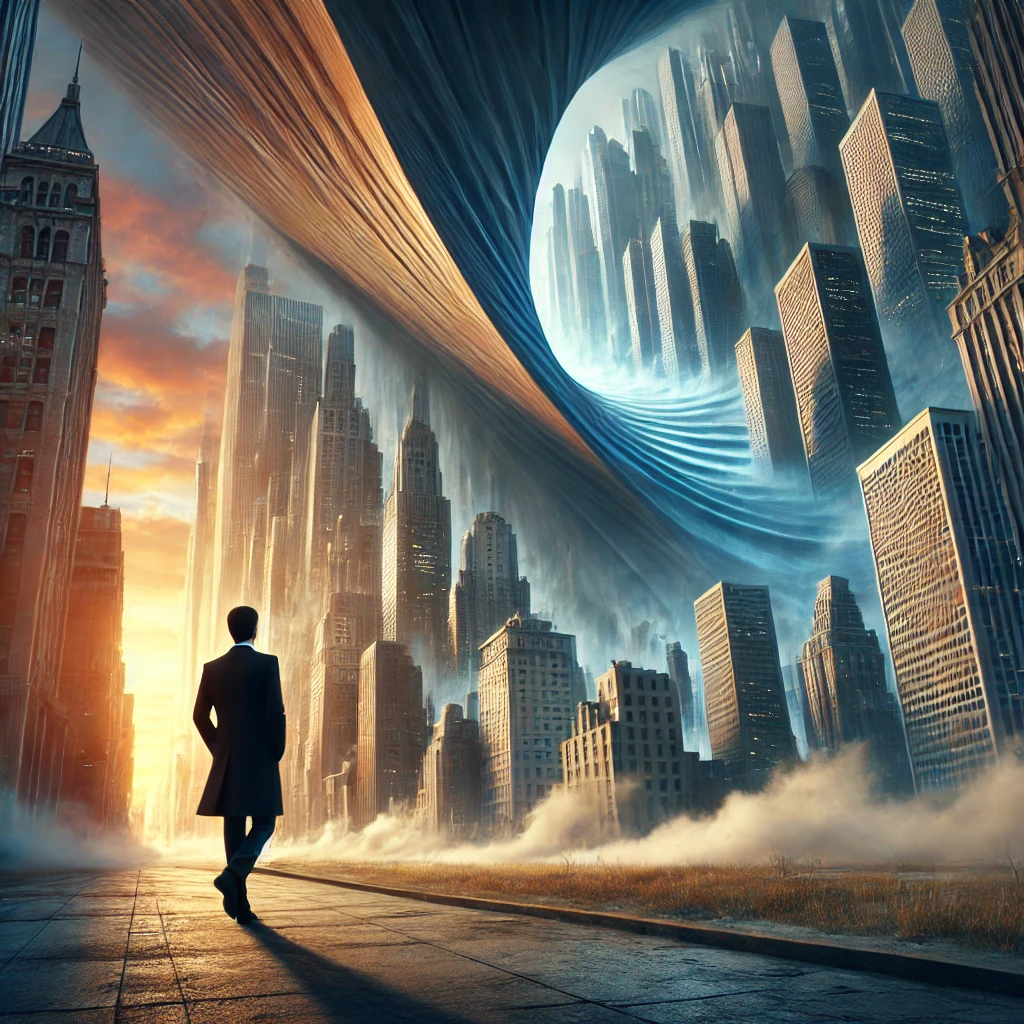 A cinematic and surreal scene inspired by 'Inception'. A cityscape bending and folding upon itself, creating a dreamlike atmosphere. A suited man walks through the scene, looking up at the impossible architecture, symbolizing the blurred lines between dreams and reality. The environment is filled with a mix of deep blue and warm golden lighting, enhancing the mysterious and thought-provoking tone.