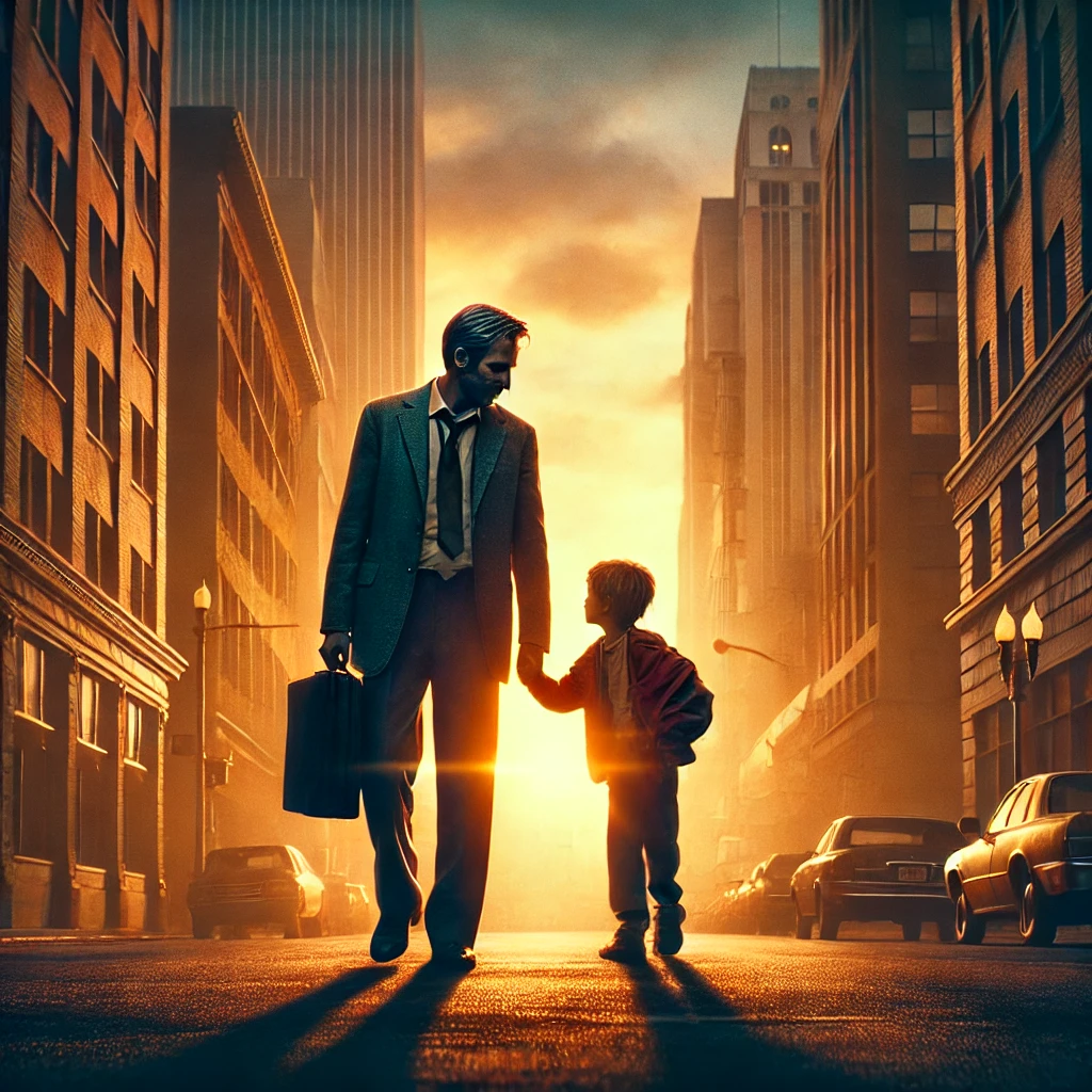 A cinematic and emotional scene inspired by 'The Pursuit of Happyness'. A father and his young son walk hand in hand through a city street at sunset, symbolizing hope and perseverance. The father wears a worn-out suit, carrying a briefcase, while the son looks up to him with admiration. The background features urban buildings with a warm golden glow, emphasizing resilience, struggle, and the pursuit of happiness.