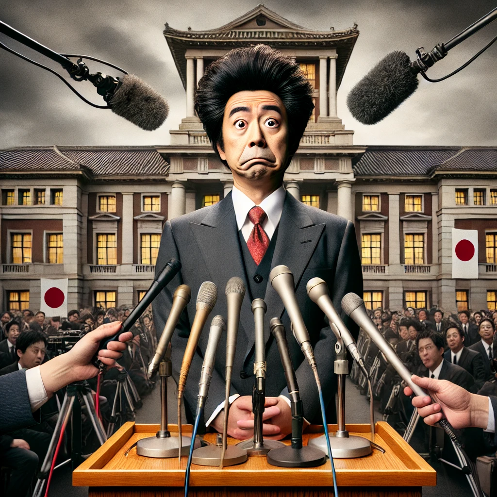 A humorous and dramatic scene inspired by a Japanese political comedy film: A middle-aged Japanese man in a formal suit with a bewildered expression stands at a press conference podium, surrounded by flashing cameras and microphones. The background features a grand government building with traditional Japanese architecture elements, emphasizing the setting. The atmosphere is lighthearted yet satirical, capturing the essence of political humor and amnesia.