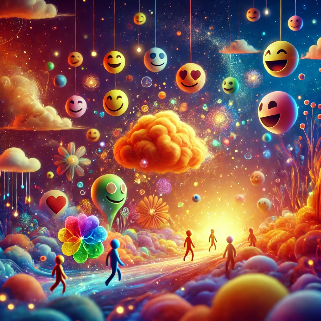 A vibrant and imaginative scene inspired by emotions inside a person's mind: A glowing, colorful landscape filled with floating orbs representing memories. Different emotions, symbolized by abstract friendly characters in bright colors, interact playfully in a surreal, dreamlike environment. The atmosphere is warm, nostalgic, and visually enchanting.