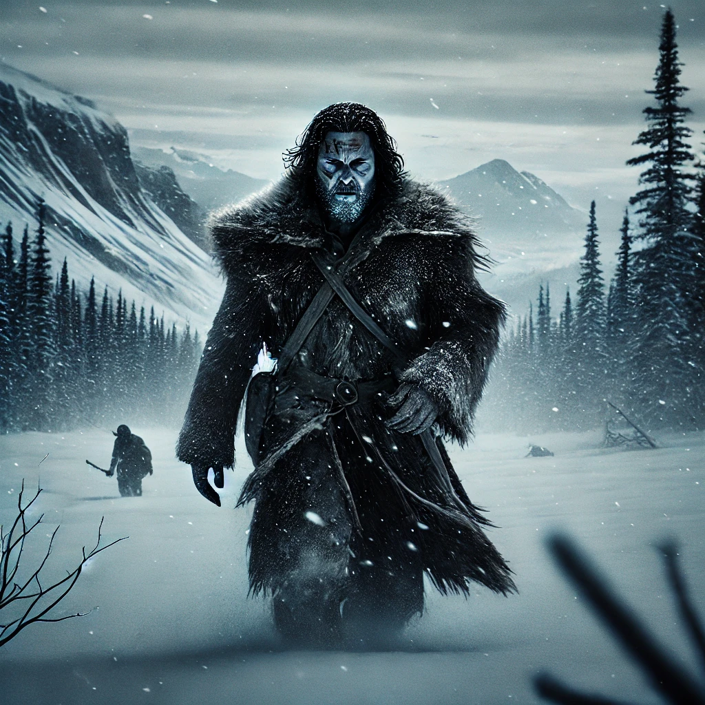 A cinematic and intense scene inspired by 'The Revenant'. A rugged frontiersman, wrapped in a fur coat, trudges through a vast, snowy wilderness. His face is battle-worn, his breath visible in the freezing air. The surrounding landscape is harsh and unforgiving, with towering trees and distant mountains covered in ice. The atmosphere is cold and desolate, capturing the struggle for survival.