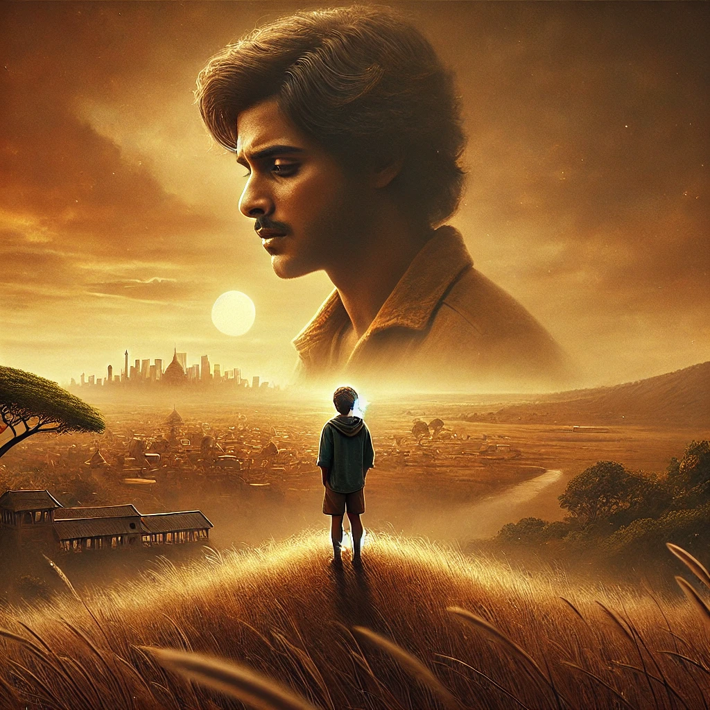 A cinematic and emotional scene inspired by 'LION'. A young man, standing on a hill, looks over a vast and beautiful landscape, symbolizing his search for home. His face is filled with longing and hope. In the background, a subtle blend of an Indian village and an Australian city skyline represents his journey between two worlds. The atmosphere is warm and nostalgic, evoking feelings of memory and belonging.