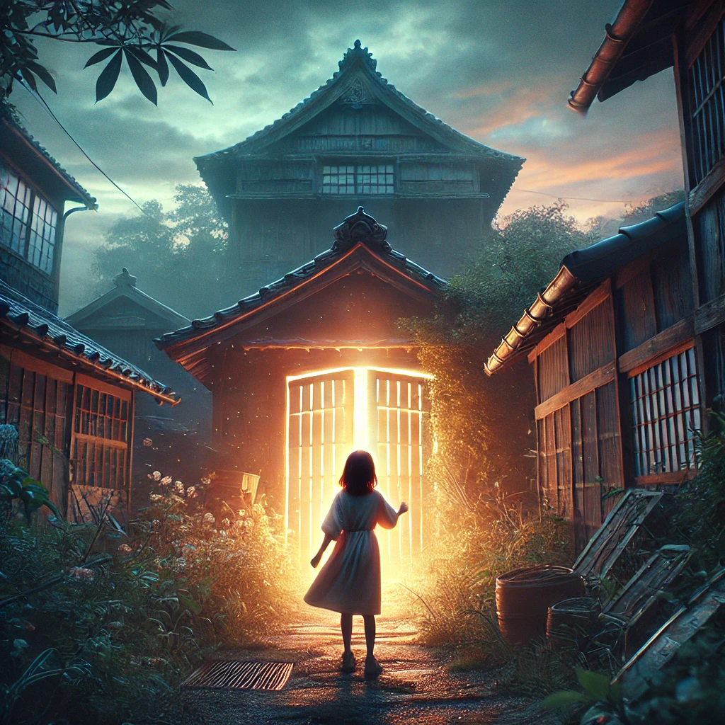 A cinematic and emotional scene inspired by 'Suzume no Tojimari'. A young girl stands before a mystical glowing door in an abandoned, overgrown Japanese town. The atmosphere is both magical and nostalgic, with the wind blowing her hair gently as she reaches out to close the door. The sky is a mix of twilight hues, symbolizing a journey between past and future. The setting evokes adventure, mystery, and self-discovery.