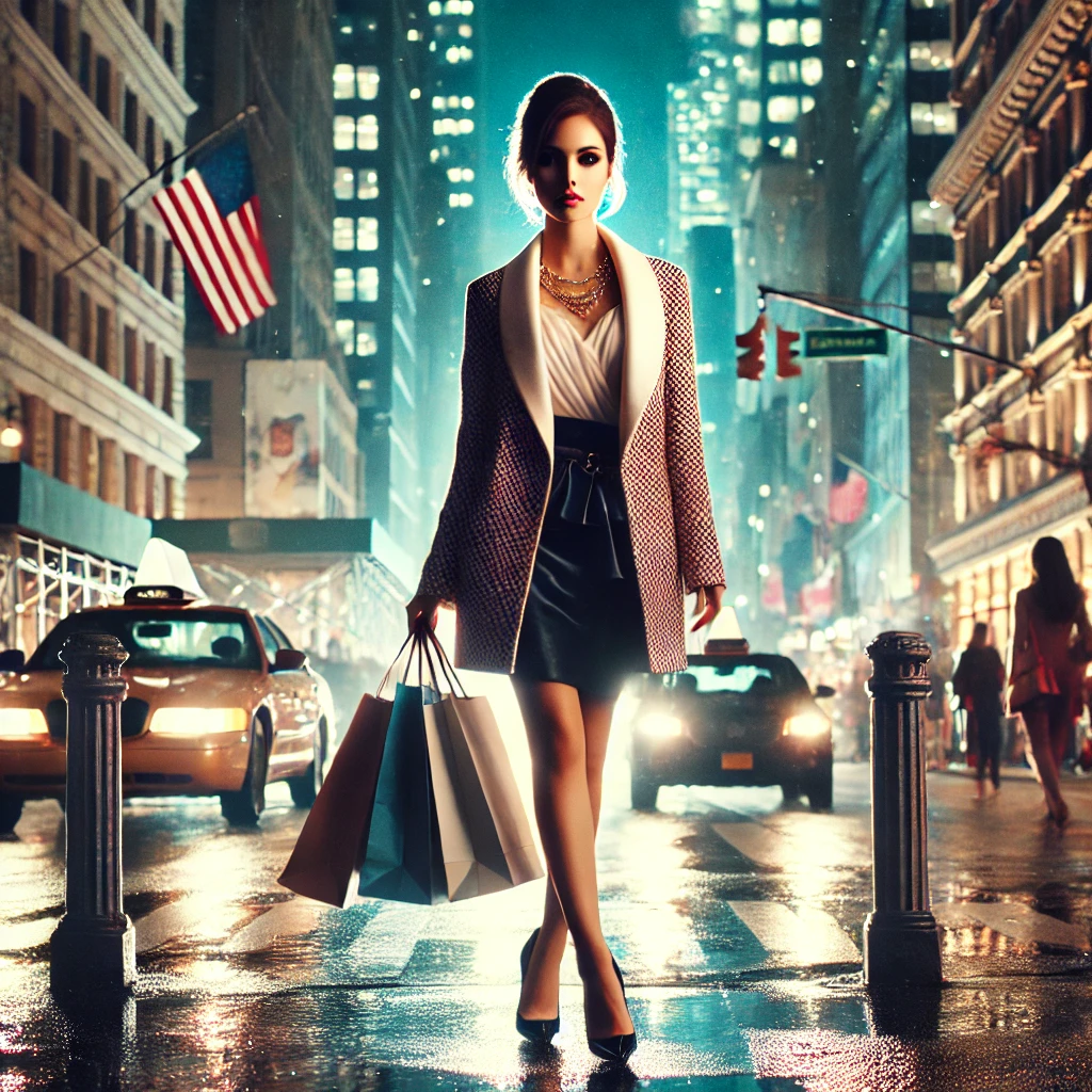 A glamorous and stylish cinematic scene inspired by 'The Devil Wears Prada'. A young woman in a chic designer outfit walks confidently through a bustling New York City street, carrying high-end shopping bags. The city lights reflect on the wet pavement, emphasizing the elegance and fashion-forward theme of the movie. The atmosphere exudes sophistication, ambition, and the high-pressure world of fashion.