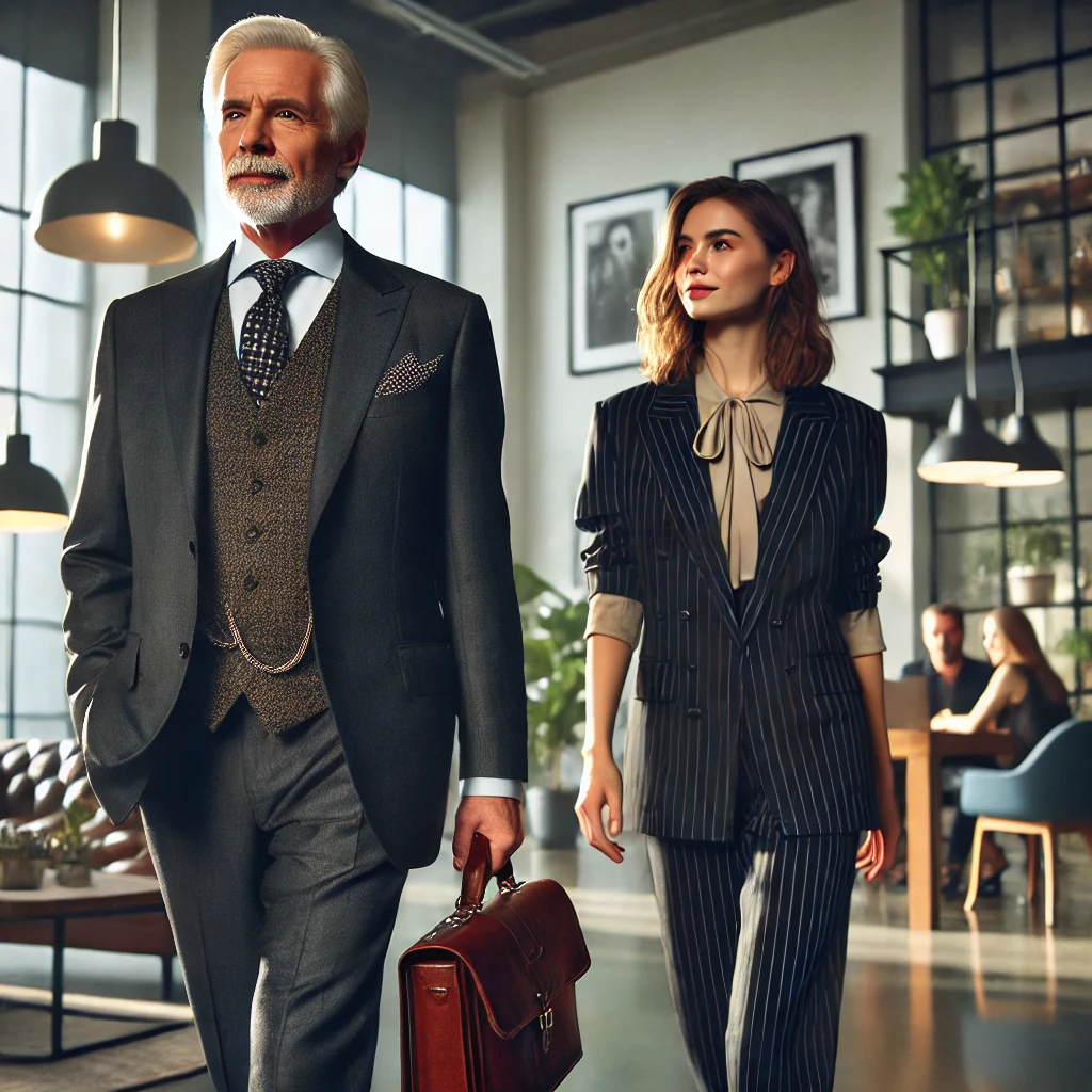 A heartwarming and stylish cinematic scene inspired by 'The Intern'. An older gentleman in a well-tailored suit walks confidently through a modern office, carrying a leather briefcase. A young, fashionable woman follows behind him, listening intently. The office is sleek and contemporary, filled with natural light. The atmosphere exudes mentorship, professionalism, and personal growth.