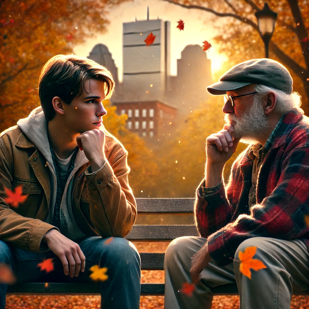 A cinematic and emotional scene inspired by 'Good Will Hunting'. A young man with a thoughtful expression sits on a park bench beside an older mentor figure, having a deep conversation. The autumn leaves fall around them, creating a warm yet reflective atmosphere. The cityscape of Boston is faintly visible in the background. The scene conveys wisdom, mentorship, and personal growth.