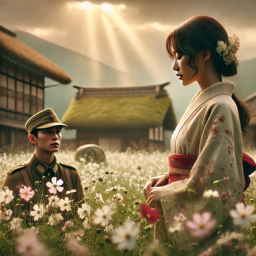 A cinematic and emotional scene inspired by 'Ano Hana ga Saku Oka de Kimi to Mata Deaetara'. A young woman in a traditional Japanese wartime setting stands in a field of blooming flowers, looking at a young soldier in a military uniform. The atmosphere is melancholic yet beautiful, with soft sunlight filtering through the clouds, symbolizing fleeting moments and deep emotions. The background features a historical Japanese village, enhancing the nostalgic feel.